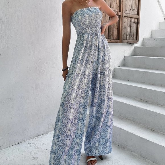 . Pants - Blue And White Boho Womens Shirred Bodice Allover Print Jumpsuit